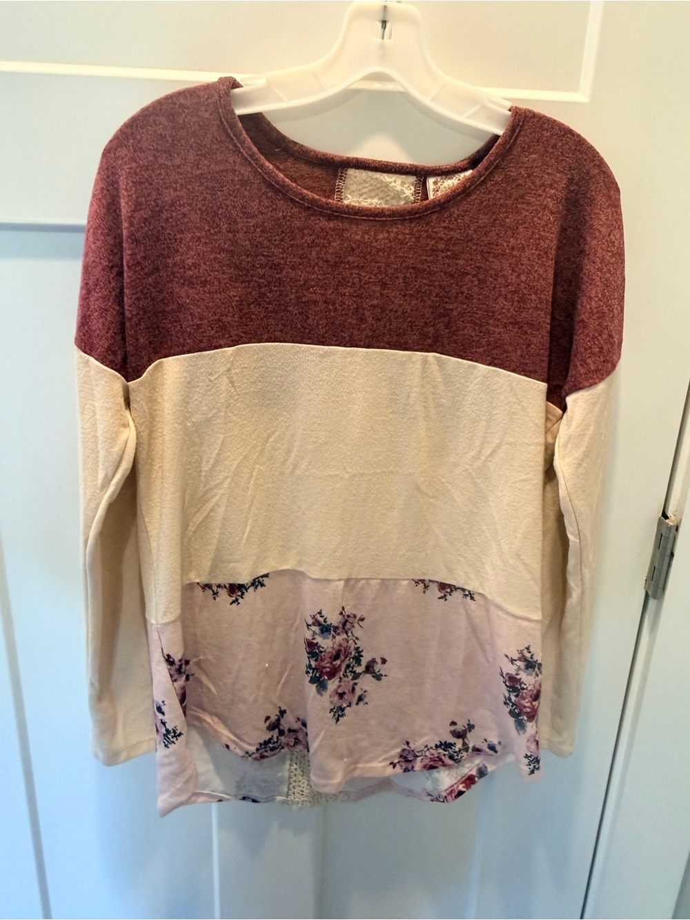 TruSelf Burgundy Cream Floral Colorblock Long Sleeve Top Medium